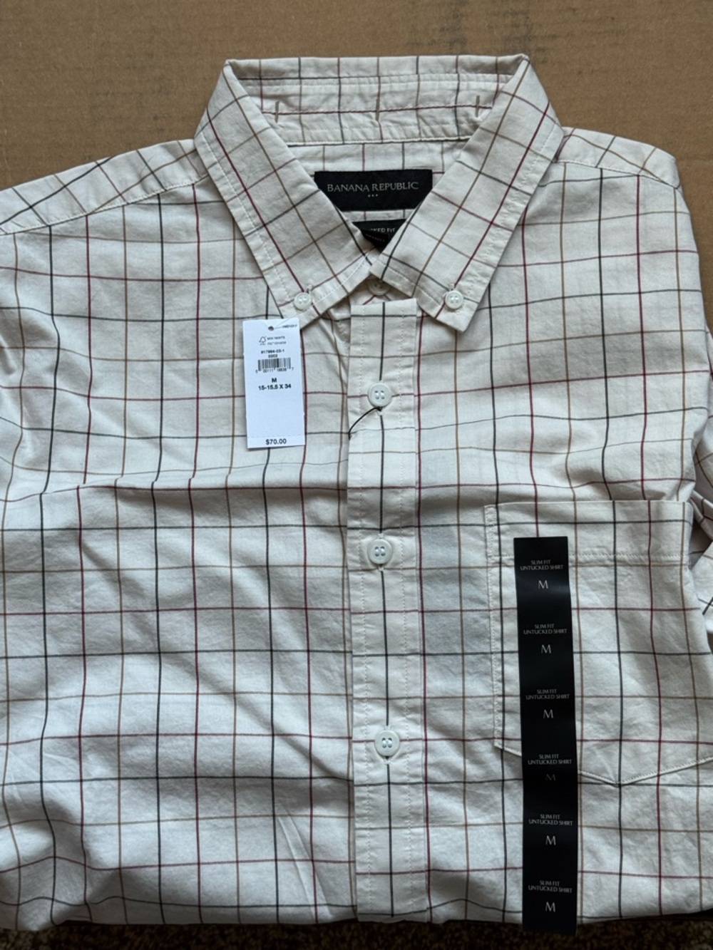 Banana Republic Cream Button-Down Shirt with Red Windowpane Grid